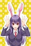  1girl animal_ears bunny_ears bust highres long_hair necktie open_mouth purple_hair rabbit_ears red_eyes reisen_udongein_inaba smile solo touhou uyu_(keyakinoki) 
