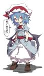  1girl bat_wings blue_hair boots hands_in_pockets hat noya_makoto pointy_ears red_eyes remilia_scarlet short_hair solo touhou translation_request wings 