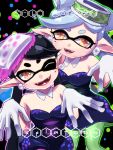  +_+ 2girls aori_(splatoon) asagiri_(tokinedu) black_hair brown_eyes character_name copyright_name detached_collar dress earrings fangs food food_on_head gloves grin highres hotaru_(splatoon) jewelry long_hair looking_at_viewer mask mole mole_under_eye multiple_girls object_on_head open_mouth pantyhose pointy_ears pose short_dress short_hair short_jumpsuit smile splatoon standing tentacle_hair upper_body 