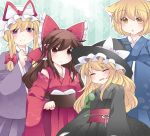  4girls ^_^ animal_ears blonde_hair bow brown_eyes brown_hair closed_eyes detached_sleeves eyes_closed fox_ears hair_bow hair_tubes hakurei_reimu hammer_(sunset_beach) hands_in_sleeves hat japanese_clothes kimono kirisame_marisa long_hair multiple_girls no_hat no_headwear open_mouth pantyhose purple_eyes short_hair smile snake touhou violet_eyes yakumo_ran yakumo_yukari yellow_eyes 