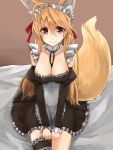  1girl animal_ears breasts brown_hair cleavage copyright_request fox_ears fox_tail haik highres large_breasts long_hair looking_at_viewer red_eyes sitting smile solo tail very_long_hair 