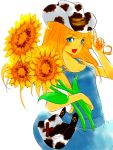 bag blonde_hair blue_eyes breasts cleavage cow_print cowboy_hat flower harvest_moon:_a_new_beginning hat long_hair naked_overalls open_mouth overall_skirt overalls popousagi purse rio_(harvest_moon) sideboob solo sunflower 