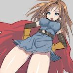  1girl barbara blue_eyes brown_eyes dragon_quest dragon_quest_vi dutch_angle earrings female from_below gloves high_ponytail jewelry looking_down mahito medium_hair open_mouth orange_hair panties pantyshot simple_background solo underwear white_panties 