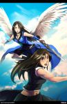  2girls angel_wings artist_name bare_shoulders belt black_hair brown_hair cloud clouds dead_fantasy final_fantasy final_fantasy_vii final_fantasy_vii_advent_children final_fantasy_viii gunblade jewelry lips long_hair midriff multiple_girls navel necklace open_mouth rinoa_heartilly serain sketchfighter316 smile tifa_lockhart weapon wings wink 