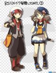  1girl alternate_costume bag bike_shorts black_hair black_legwear blue_eyes boots brown_hair cap fanny_pack fingerless_gloves gloves hana_(mew) hand_in_pocket haruka_(pokemon) holding holding_poke_ball kneehighs odamaki_sapphire pemier_ball pleated_skirt poke_ball pokemon pokemon_(game) pokemon_rse red_eyes ruby_(pokemon) short_hair shoulder_bag skirt twintails vest yuuki_(pokemon) 