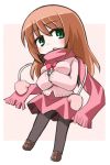  1girl blush brown_hair cardigan chibi green_eyes kugel_na kugelschreiber loafers long_hair matsumi_yuu mittens pantyhose ribbon saki saki_achiga-hen scarf shoes solo 