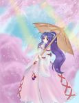  1girl alternate_costume bigling_zhilian cherry_blossoms dress meira ponytail purple_hair red_eyes ribbon tagme touhou touhou_(pc-98) umbrella 