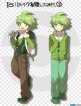  2boys alternate_costume backpack bag dual_persona green_eyes green_hair hana_(mew) jacket mitsuru_(pokemon) multiple_boys pokemon pokemon_(game) pokemon_rse short_hair smile vest 