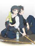  1boy 1girl black_hair blue_eyes bottle bougu closed_eyes furumiya_haiji hair_ornament hairclip hakama headwear_removed highres japanese_clothes kendo kendo_armor kirigaya_suguha kirito reflection shinai short_hair sitting smile sword sword_art_online towel wariza weapon 