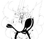  1girl arms_up bow cape hair_bow highres lineart long_hair looking_at_viewer monochrome reiuji_utsuho solo touhou wings yukimimi 