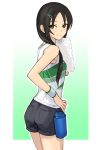  1girl bare_shoulders black_hair blush bottle brown_eyes hair_ornament hairclip highres idolmaster idolmaster_cinderella_girls kimuchi long_hair looking_at_viewer looking_back rookie_trainer shorts simple_background smile tank_top towel trainer_(idolmaster) water_bottle wristband 