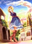  1girl alice_margatroid azusayumi_meme bird blonde_hair blue_eyes blush boots bow breasts building clock clock_tower cloud clouds dress_shirt hair_bow hairband highres necktie open_mouth ribbon sash shirt short_hair skirt sky smile solo touhou tower 