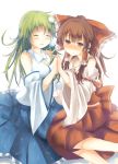  2girls absurdres ascot bare_shoulders blush bow breasts brown_eyes brown_hair cleavage closed_eyes collarbone detached_sleeves eyes_closed frog_hair_ornament green_hair ha_ru hair_bow hair_ornament hair_tubes hakurei_reimu hand_holding highres holding_hands kochiya_sanae long_sleeves multiple_girls red_string shirt sitting skirt skirt_set smile snake_hair_ornament string touhou wide_sleeves 