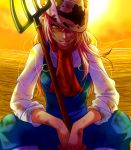  bakatori blonde_hair cow_print cowboy_hat dirty elbows_on_knees hair_over_one_eye harvest_moon:_a_new_beginning hat hay light_smile long_hair messy_hair neckerchief overalls pitchfork rio_(harvest_moon) sitting solo sun 