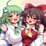  2girls ascot blush bow breast_grab breasts brown_eyes brown_hair detached_sleeves frog_hair_ornament green_eyes green_hair hair_bow hair_ornament hair_tubes hakurei_reimu highres kochiya_sanae large_breasts long_hair miyamaru multiple_girls necktie open_mouth ribbon skirt smile snake_hair_ornament touhou 