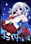  :d absurdres blue_eyes cape cat copyright_request eyepatch fang highres microphone nanaca_mai open_mouth pointing pointing_at_viewer school_uniform silhouette sky smile star star_(sky) starry_sky striped striped_legwear thigh-highs thighhighs two_side_up white_hair 
