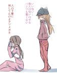  2girls brown_hair clothes_sniffing evangelion:_3.0_you_can_(not)_redo glasses hairband hat jacket long_hair low_twintails makinami_mari_illustrious mizuki_(koko_lost) multiple_girls neon_genesis_evangelion plugsuit rebuild_of_evangelion shikinami_asuka_langley sitting soryu_asuka_langley souryuu_asuka_langley track_jacket translated translation_request 