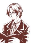  1boy bespectacled book facial_hair fate/zero fate_(series) formal glasses goatee monochrome reading solo suit tohsaka_tokiomi toosaka_tokiomi yuu_(cancer) 