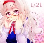  1girl 81_(mellowry) adjusting_glasses bespectacled blush breasts glasses hairband idolmaster long_hair looking_at_viewer purple_eyes red-framed_glasses shijou_takane silver_hair smile solo violet_eyes 