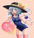  1girl breasts character_name green_eyes green_hair hat hat_ribbon heart highres komeiji_koishi one-piece_swimsuit open_mouth pink_legwear ribbon saipin school_swimsuit short_hair silver_hair smile solo sun_hat swimsuit thigh-highs thighhighs third_eye touhou wink 