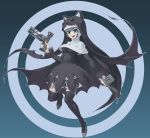  +_+ 1girl animal_ears animal_hood bat_wings black_eyes black_legwear blue_eyes breasts digimon dress fang gun habit kazkazkaz lipstick makeup nail_polish nun sharp_teeth short_hair sistermon_noir smile solo thigh-highs thighhighs weapon wings 