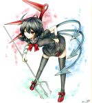  1girl asymmetrical_wings black_hair black_legwear breasts dress highres houjuu_nue iroha_(nullpo) polearm red_eyes short_hair short_sleeves skirt smile snake solo thigh-highs thighhighs touhou traditional_media trident weapon wings wink 