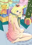  1girl arakawa_under_the_bridge balloon barefoot blonde_hair blue_eyes christmas_tree commentary commentary_request feet gift hat heart long_hair looking_at_viewer looking_back mini_top_hat misu_kasumi mouth_hold nino_(arakawa) ribbon sitting soles solo stuffed_animal stuffed_toy teddy_bear toes top_hat translated wariza 