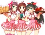  3girls :d amami_haruka antenna_hair arm_holding arm_hug beer beer_mug black_hair boned_meat bow breasts brown_eyes brown_hair double_arm_hug fang food ganaha_hibiki girl_sandwich green_eyes hair_bow hair_ribbon hat hidaka_ai highres idolmaster idolmaster_dearly_stars long_hair meat minazuki_randoseru multiple_girls notepad open_mouth pen ponytail purple_legwear ribbon short_hair simple_background skirt smile thigh-highs thighhighs tray waitress white_background wide_ponytail 