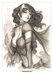  2013 avengers blue_eyes bracelet breasts bridal_gauntlets bustier cape choker cleavage earrings jewelry marker_(medium) marvel mask midriff scarlet_witch sepia signature solo stanley_lau traditional_media x-men 