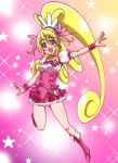  1girl :d aida_mana blonde_hair boots choker color_connection corset cosplay cure_heart cure_peach cure_peach_(cosplay) curly_hair dokidoki!_precure earrings fresh_precure! gradient gradient_background hair_ornament hairpin half_updo heart highres ireku_badou jewelry long_hair look-alike magical_girl open_mouth outstretched_arm pink pink_background pink_eyes ponytail precure puffy_sleeves skirt smile solo sparkle star wrist_cuffs yellow_background 