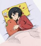  1girl amage_kanade bed black_eyes black_hair blush capybara capybara-san hair_ornament hairclip kirigaya_suguha leaf more_deban pajamas pillow short_hair solo stuffed_animal stuffed_toy sword_art_online traditional_media 