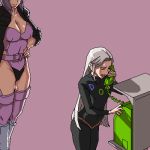  2girls artist_request bangs boots breasts cleavage commentary dos ghost_in_the_shell hand_on_hip kusanagi_motoko large_breasts leotard long_hair lowres multiple_girls oekaki open_clothes open_jacket os-tan parted_bangs payphone phone purple_hair short_hair silver_hair sweatdrop sweater thigh-highs thighhighs you_gonna_get_raped 