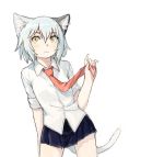  1girl animal_ears cat_ears cat_tail character_request copyright_request flat_chest miniskirt necktie short_hair skirt sleeves_rolled_up slit_pupils solo tail white_hair yellow_eyes yoplait 