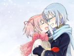  2girls bespectacled blue_hair blush bow breath glasses grin hair_ribbon happy height_difference hug kaname_madoka mahou_shoujo_madoka_magica miki_sayaka mittens multiple_girls noses_touching pink_hair profile ribbon scarf semi-rimless_glasses short_hair short_twintails smile snowing twintails winter_clothes winter_coat yoplait yuri 