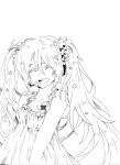  1girl closed_eyes eyes_closed flower hatsune_miku hibarisann lineart long_hair monochrome open_mouth smile solo twintails very_long_hair vocaloid 