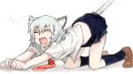  1girl all_fours animal_ears cat_ears cat_tail character_request closed_eyes copyright_request eyes_closed fangs flat_chest full_body kemonomimi_mode miniskirt necktie short_hair skirt sleeves_rolled_up socks solo tail tears waking_up white_hair yoplait 