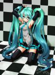  1girl aqua_eyes aqua_hair armpits artist_name checkered checkered_floor detached_sleeves hatsune_miku highres kneeling lawliert long_hair necktie signature solo thigh-highs thighhighs very_long_hair vocaloid 