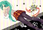  1girl green_eyes green_hair hatsune_miku pantyhose setsuki_hotaru side_ponytail skirt solo striped striped_background tongue vocaloid 