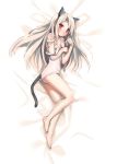  1girl animal_ears ass barefoot blush cat_ears cat_tail fate/stay_night fate/zero fate_(series) highres illyasviel_von_einzbern kemonomimi_mode long_hair looking_at_viewer lying off_shoulder peko red_eyes school_swimsuit sketch smile solo swimsuit tail white_hair white_school_swimsuit 