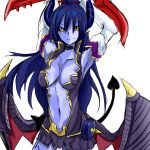  1girl arms_up asmodeus_(shinrabanshou) black_sclera blue_skin breasts character_request demon_girl demon_horns demon_tail demon_wings drawn haik long_hair looking_at_viewer low_wings navel shinrabanshou simple_background smile solo tail weapon white_background wings yellow_eyes 