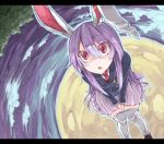  1girl :o animal_ears blazer bunny_ears crescent full_moon hamira-ze lavender_hair letterboxed long_hair looking_up moon necktie pleated_skirt rabbit_ears red_eyes reisen_udongein_inaba sitting skirt solo thigh-highs thighhighs touhou white_legwear 