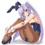  1girl animal_ears bare_shoulders blush bunny_girl bunnysuit busou_shinki dd_(artist) doll_joints fishnet_pantyhose fishnets high_heels lavender_hair long_hair looking_at_viewer pantyhose ponytail purple_eyes sharatang shoes simple_background sitting smile solo very_long_hair white_background wrist_cuffs 