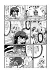  3girls ahoge blush bow comic eyebrows food gakubuchi_aiko highres long_hair monochrome multiple_girls original school_uniform sharp_teeth short_hair slit_pupils translated translation_request 