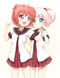  2girls akaza_akari aqua_eyes blush double_bun dress hair_bobbles hair_bun hair_ornament highres multiple_girls mushuu open_mouth pink_hair red_hair redhead school_uniform short_hair short_twintails smile twintails yoshikawa_chinatsu yuru_yuri 