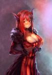  1girl blush bow_(bhp) breasts choker cleavage fur_trim highres horns huge_breasts large_breasts looking_at_viewer maou_(maoyuu) maoyuu_maou_yuusha nervous red_eyes red_hair redhead smile solo 