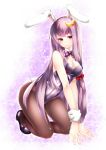  1girl animal_ears black_legwear bow breasts bunny_ears bunny_tail bunnysuit cleavage crescent detached_collar highres long_hair pantyhose patchouli_knowledge purple_eyes purple_hair rabbit_ears solo tail touhou violet_eyes wrist_cuffs yutazou 