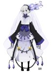  1girl boots bow chain chains chandelure crystal grey_hair hair_ornament hairband highres japanese_clothes long_skirt merlusa personification pokemon purple_eyes purple_hair short_hair simple_background skirt smile solo standing veil violet_eyes white_background 