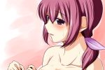  1girl bare_shoulders blush bust hair_ribbon hoshizora_ikuyo long_hair nishi_koutarou ponytail precure purple_eyes purple_hair ribbon smile_precure! solo topless violet_eyes 