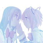  2girls akemi_homura black_hair eye_contact hair_ribbon hairband hand_on_another&#039;s_face hand_on_another's_face kaname_madoka long_hair looking_at_another lowres mahou_shoujo_madoka_magica mizuki_(flowerlanguage) multiple_girls pink_eyes pink_hair purple_eyes ribbon school_uniform short_twintails twintails violet_eyes 