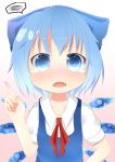  1girl akisha blue_eyes blue_hair blush bow cirno fang hair_bow highres ice ice_wings looking_at_viewer open_mouth ribbon short_hair solo tears touhou wings 